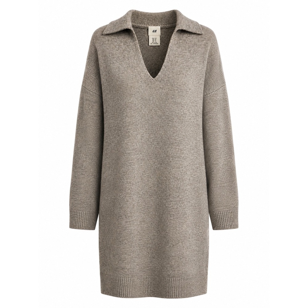 H&M Taupe Gray Wool Blend Collared V Neck Sweater Dress Oversized XS